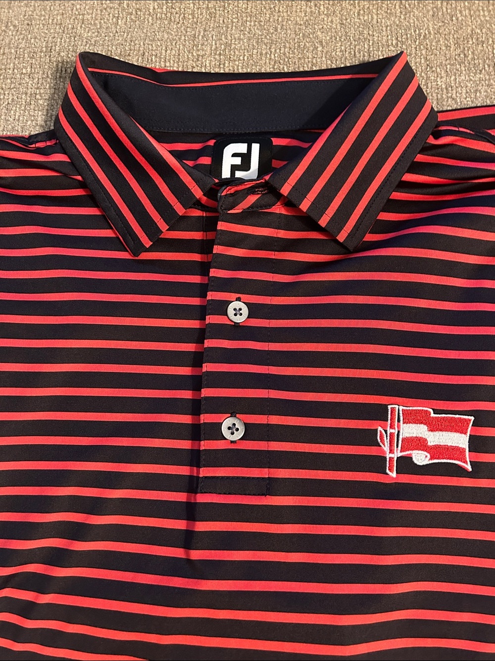 Foot Joy Men’s Red & Black Stripe Performance Golf Polo Flag Logo Stretch SZ XL